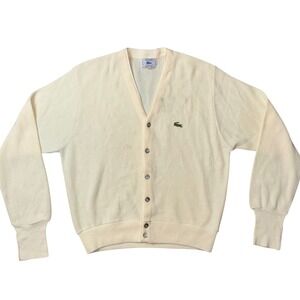 VTG IZOD Lacoste Cardigan Sweater Cream V Neck Button‎ Up Acrylic Mens Sz M